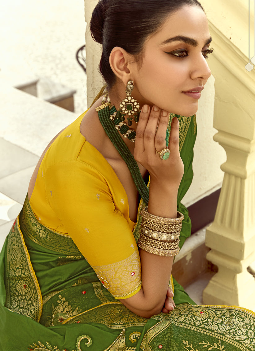 Olive Green Dola Silk Handwork Wedding Saree