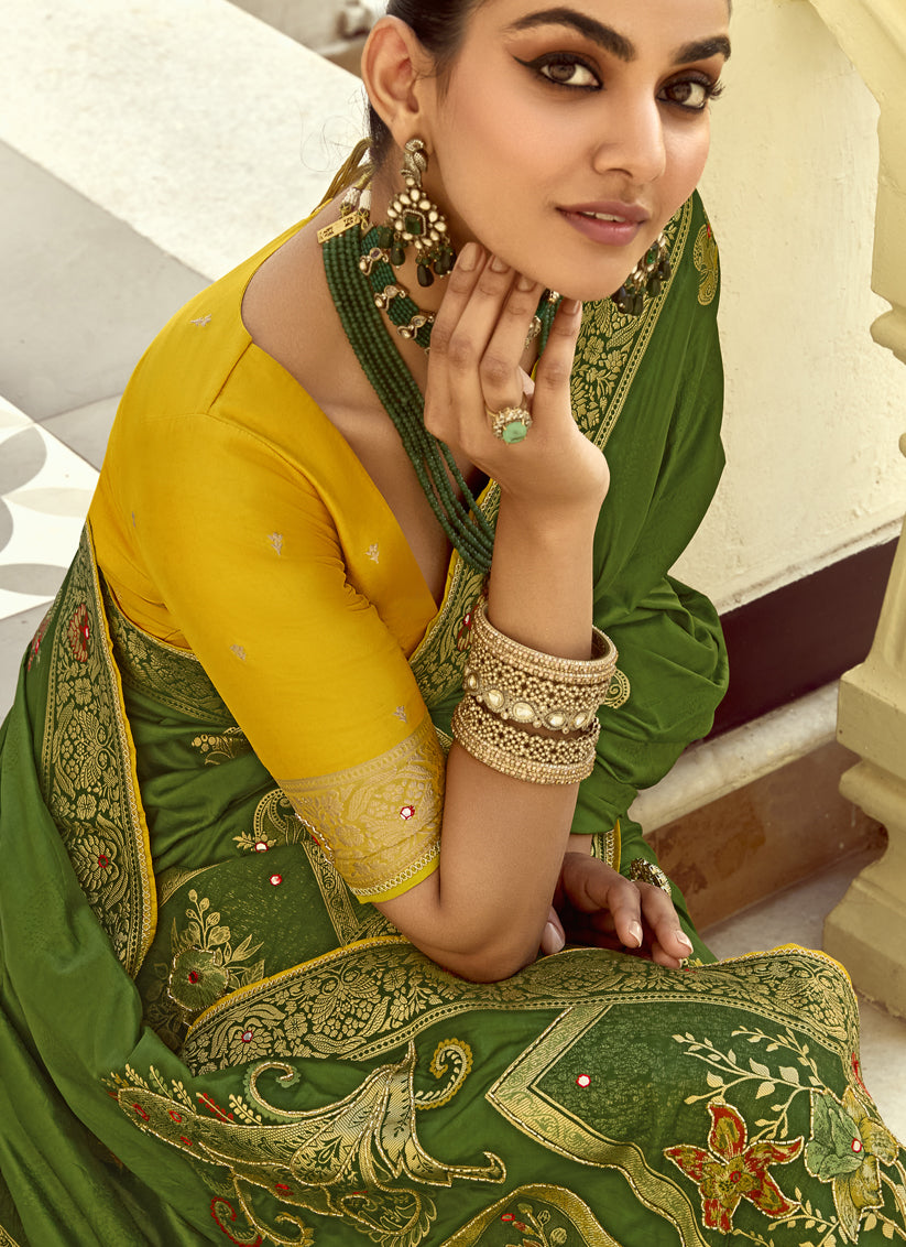 Olive Green Dola Silk Handwork Wedding Saree