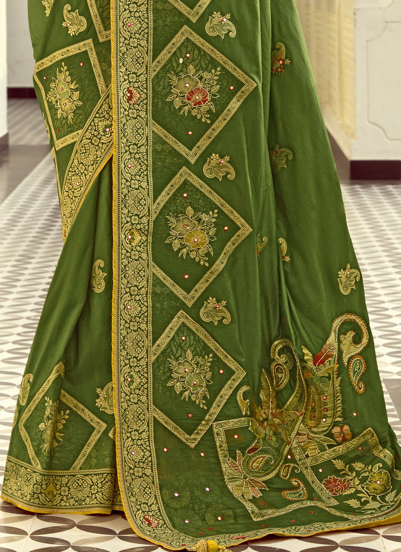 Olive Green Dola Silk Handwork Wedding Saree