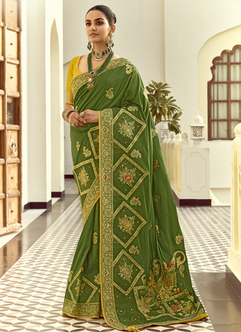 Olive Green Dola Silk Handwork Wedding Saree