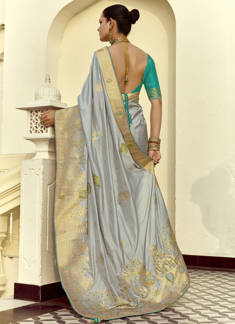 Silver Dola Silk Handwork Wedding Saree