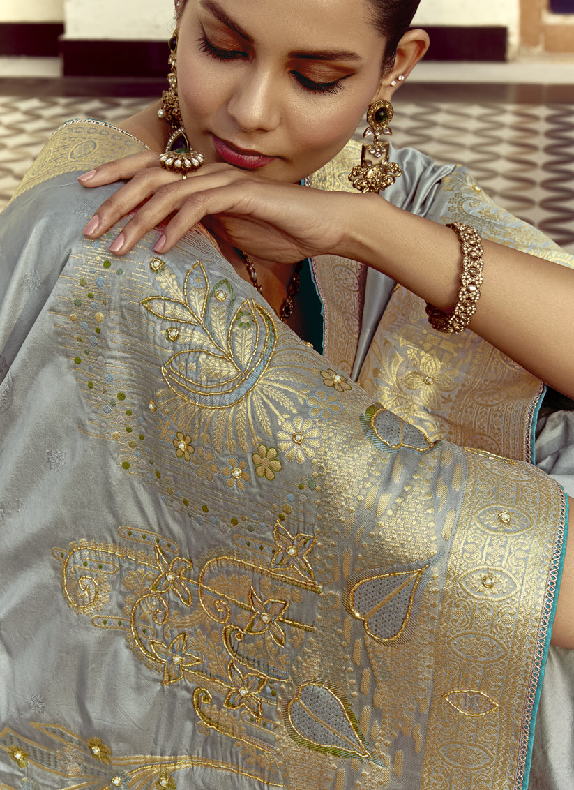 Silver Dola Silk Handwork Wedding Saree