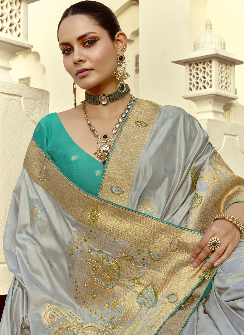 Silver Dola Silk Handwork Wedding Saree