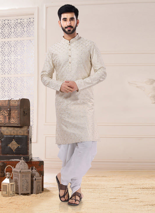 Cream Silk Dhoti Kurta Set