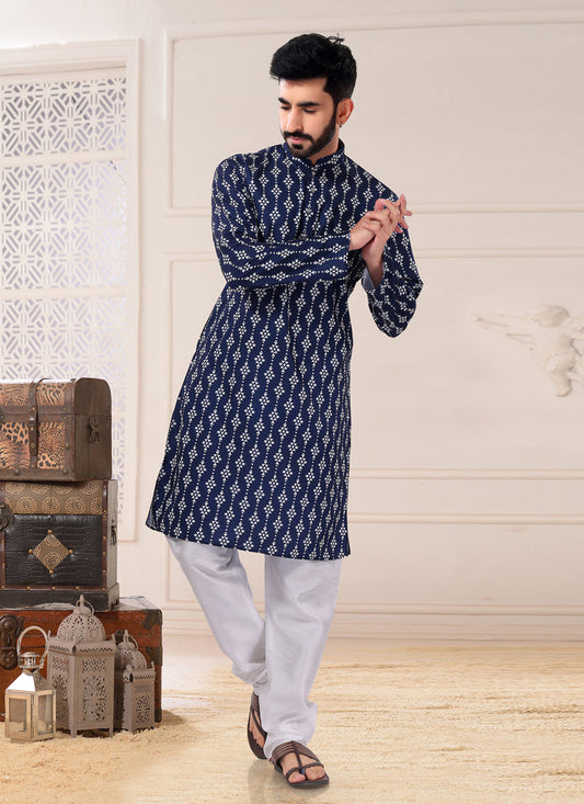 Navy Blue Cotton Kurta Pyjama Set