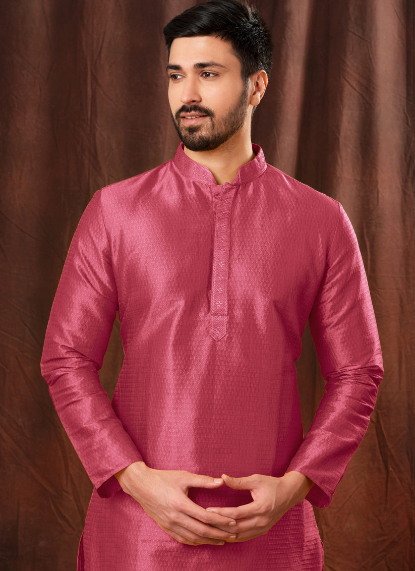 Onion Pink Jacquard Men Kurta Pyjama Set