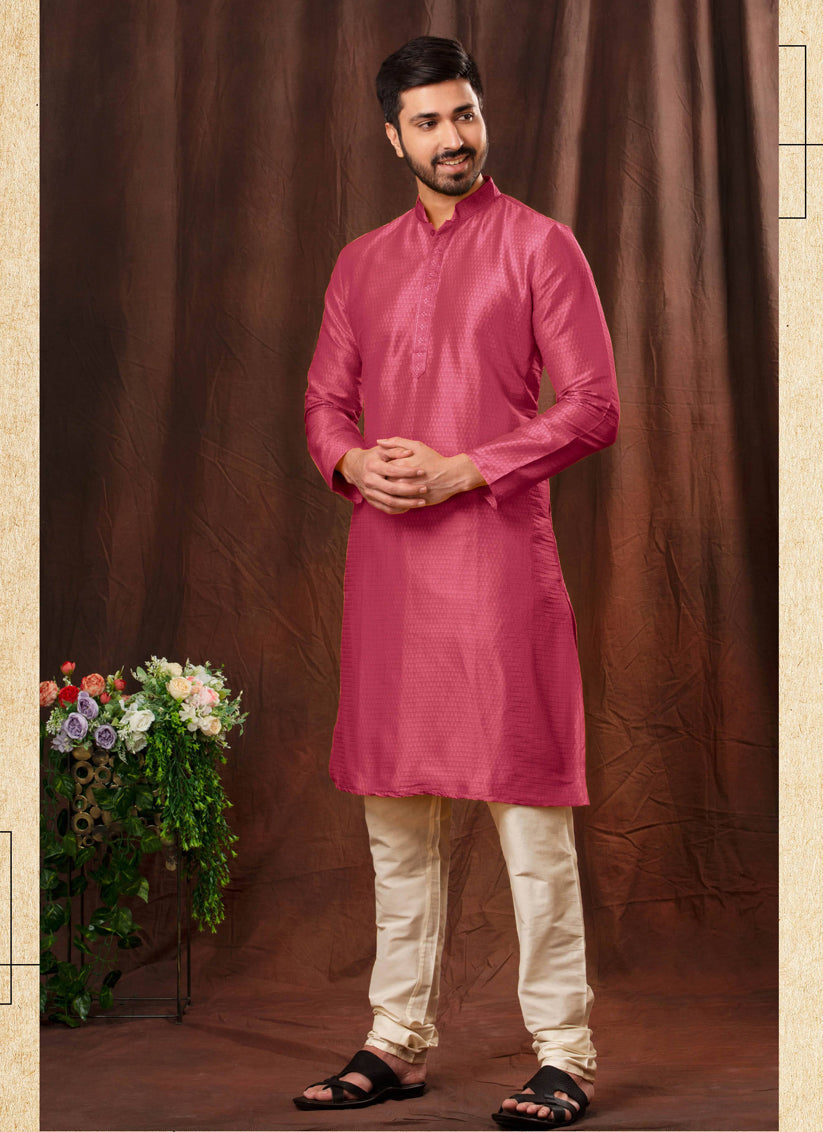 Onion Pink Jacquard Men Kurta Pyjama Set