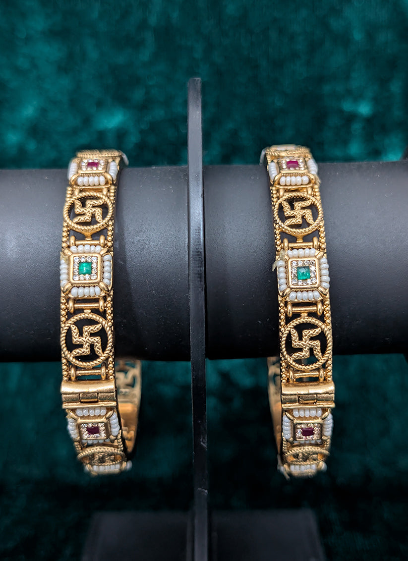 Rajwadi Traditional Gold Plated Meenakari Kemp Pearl Bangles Kada Kangan