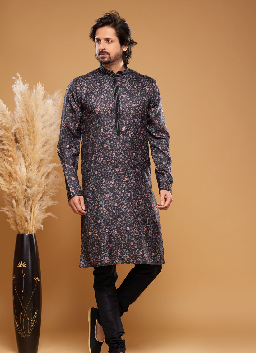 Black Art Silk Digital Printed Kurta Set