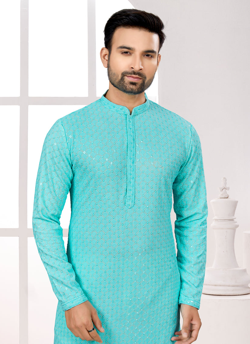 Sky Blue Lukhnowi Kurta Pyjama Set