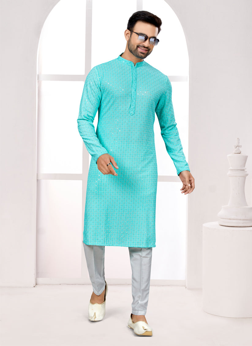 Sky Blue Lukhnowi Kurta Pyjama Set