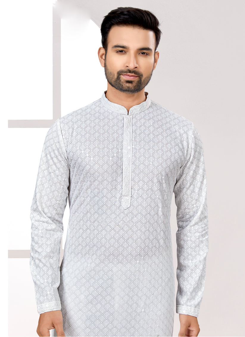 White Lukhnowi Kurta Pyjama Set