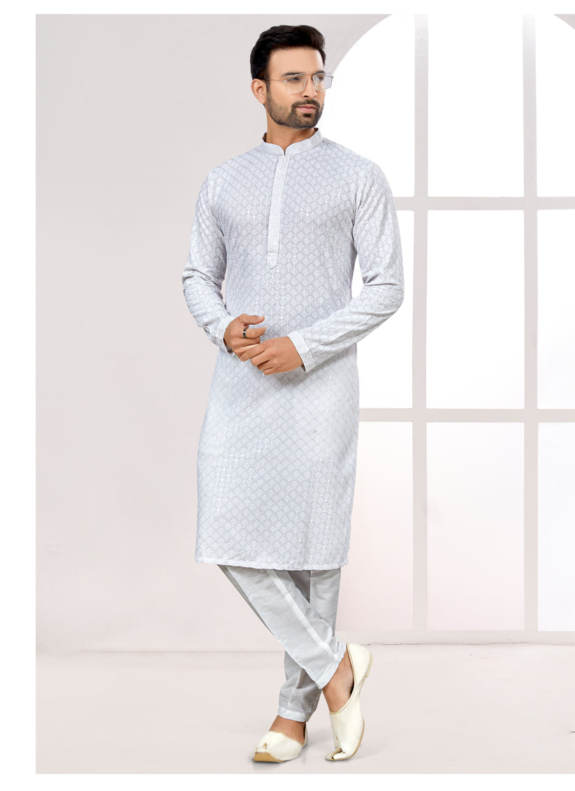 White Lukhnowi Kurta Pyjama Set