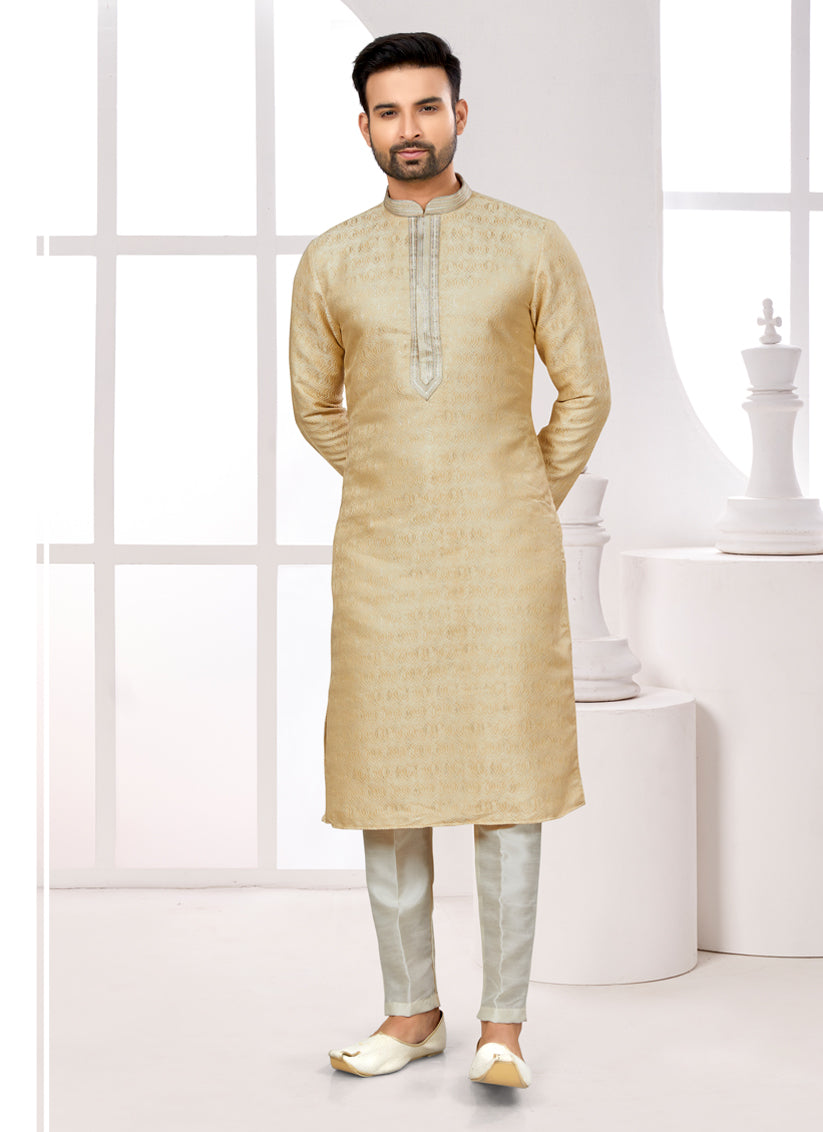 Beige Zari Jacquard Kurta Pyjama Set