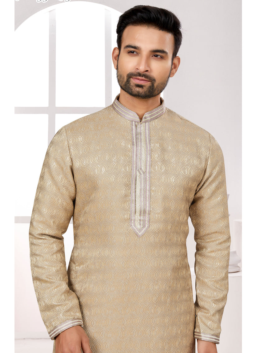Beige Zari Jacquard Kurta Pyjama Set