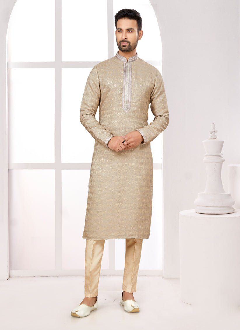 Beige Zari Jacquard Kurta Pyjama Set