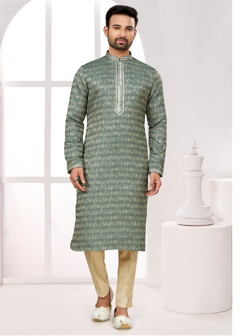Duaty Green Zari Jacquard Kurta Pyjama Set