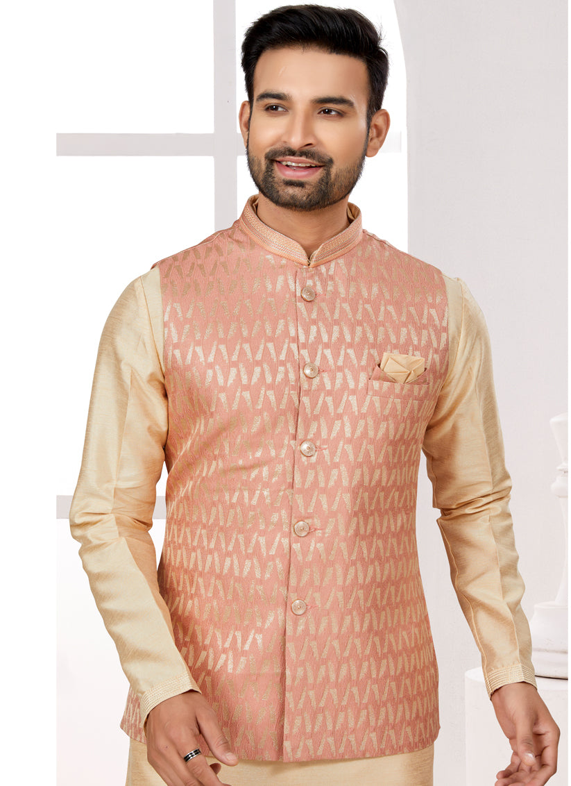 Beige Kurta Pyjama Set with Peach Jacket
