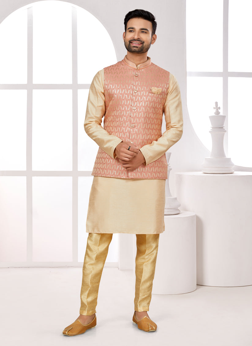 Beige Kurta Pyjama Set with Peach Jacket