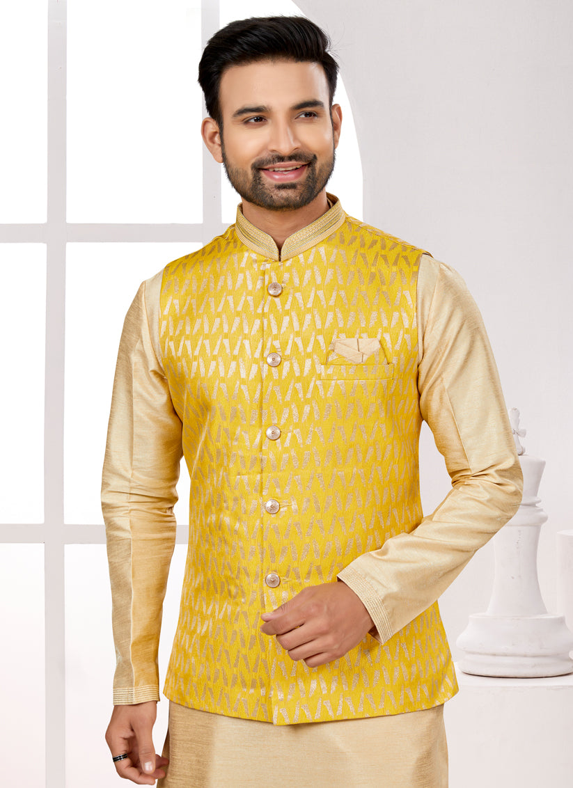 Beige Kurta Pyjama Set with Yellow Jacket