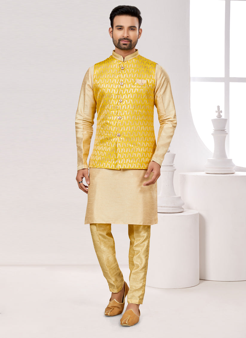 Beige Kurta Pyjama Set with Yellow Jacket