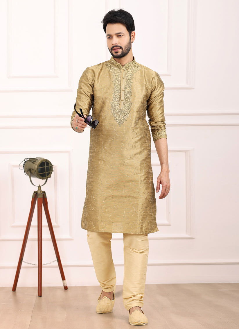 Beige Banarasi Silk Thread Work Kurta Set