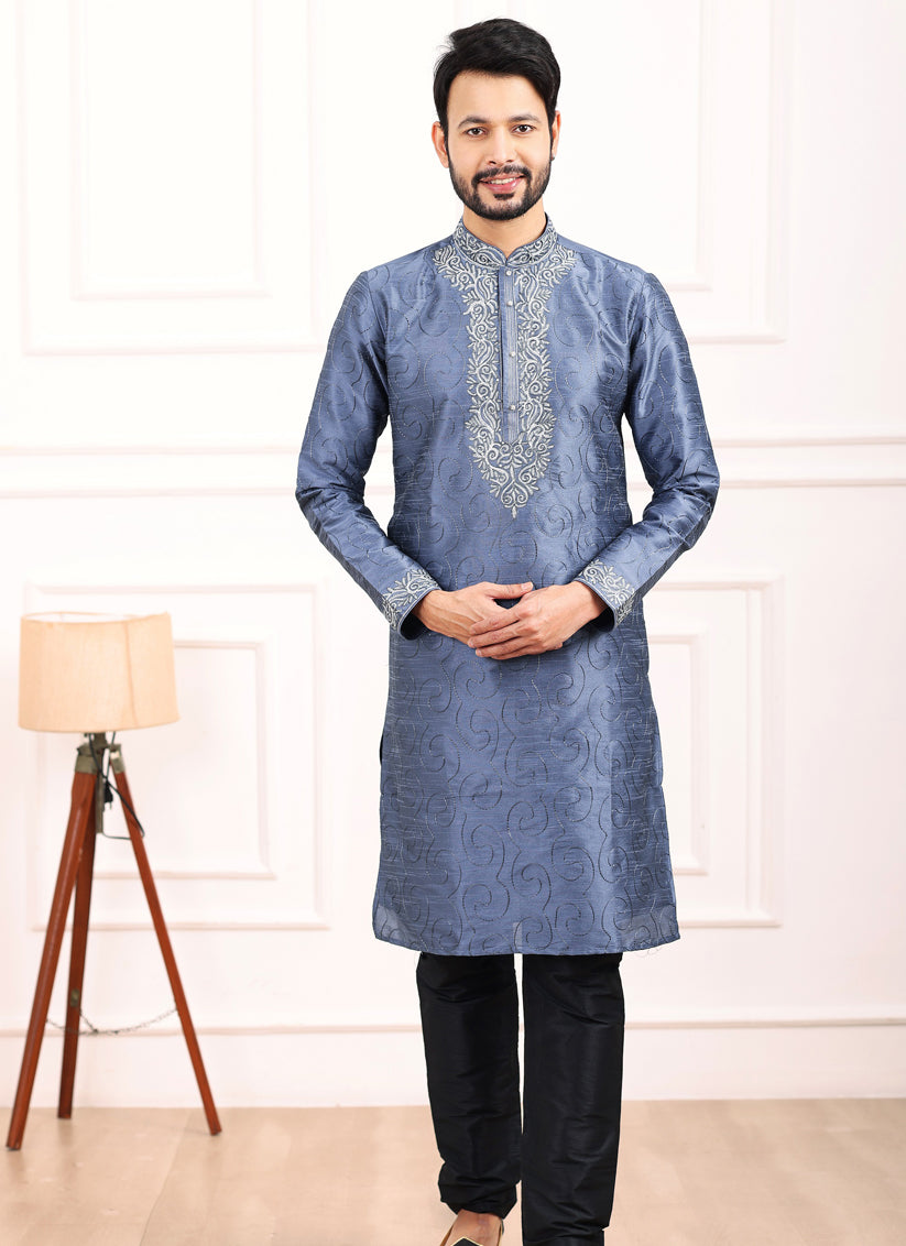 Stone Blue Banarasi Silk Thread Work Kurta Set