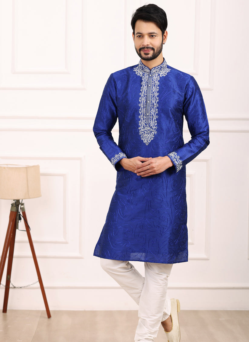 Royal Blue Banarasi Silk Thread Work Kurta Set