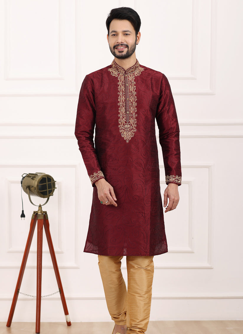 Wine Banarasi Silk Thread Work Kurta Set