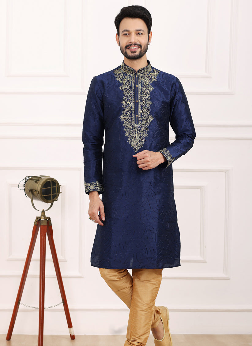 Navy Blue Banarasi Silk Thread Work Kurta Set