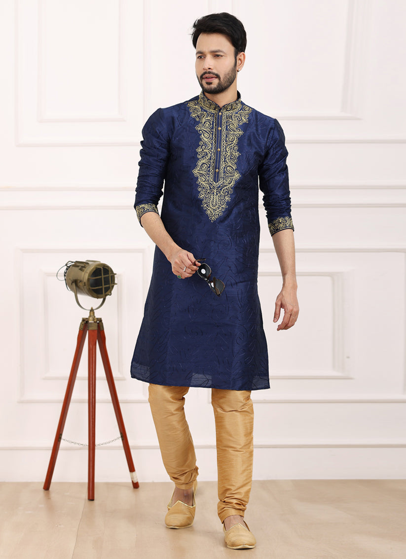 Navy Blue Banarasi Silk Thread Work Kurta Set