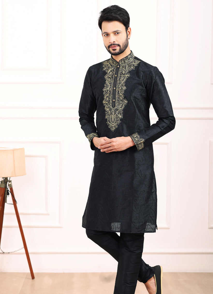 Black Banarasi Silk Thread Work Kurta Set