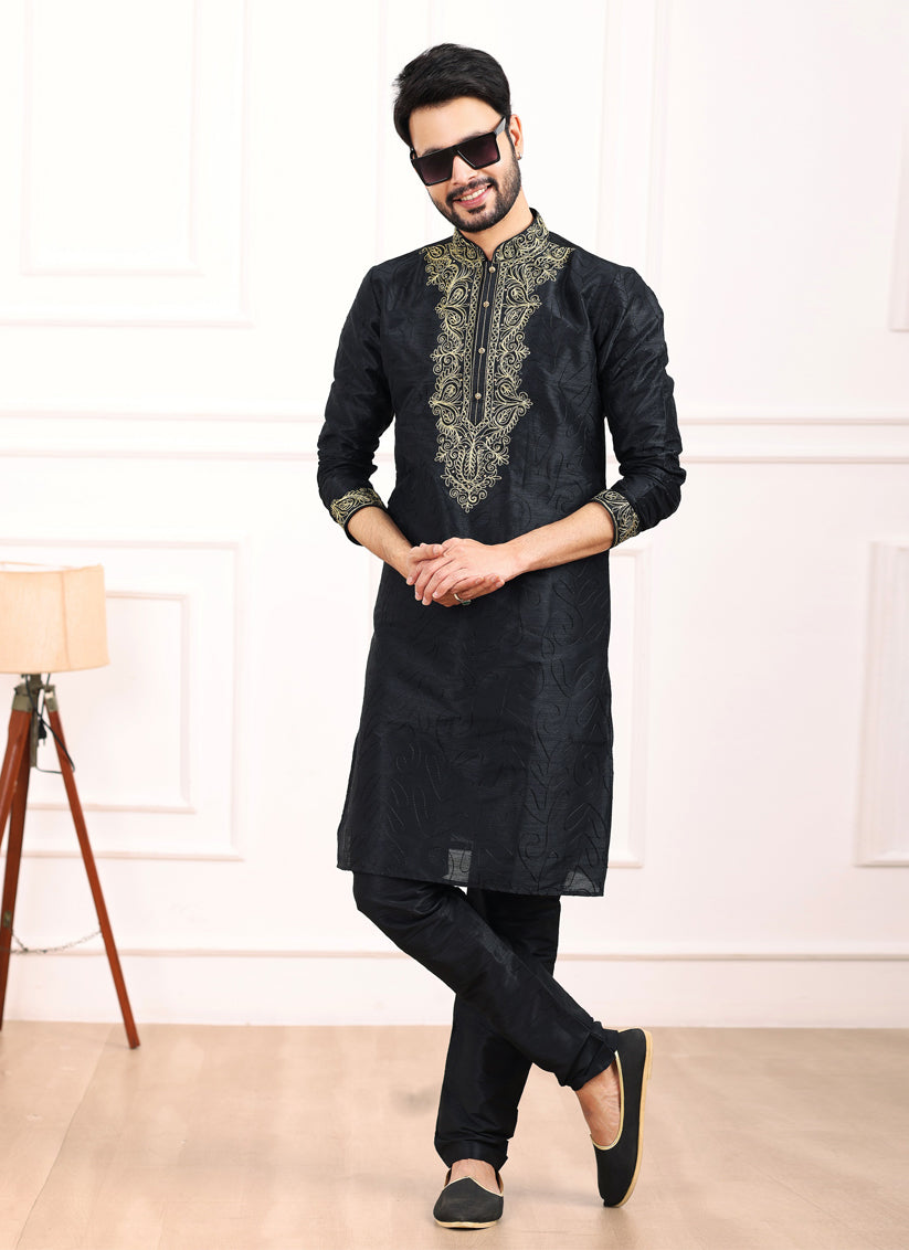 Black Banarasi Silk Thread Work Kurta Set