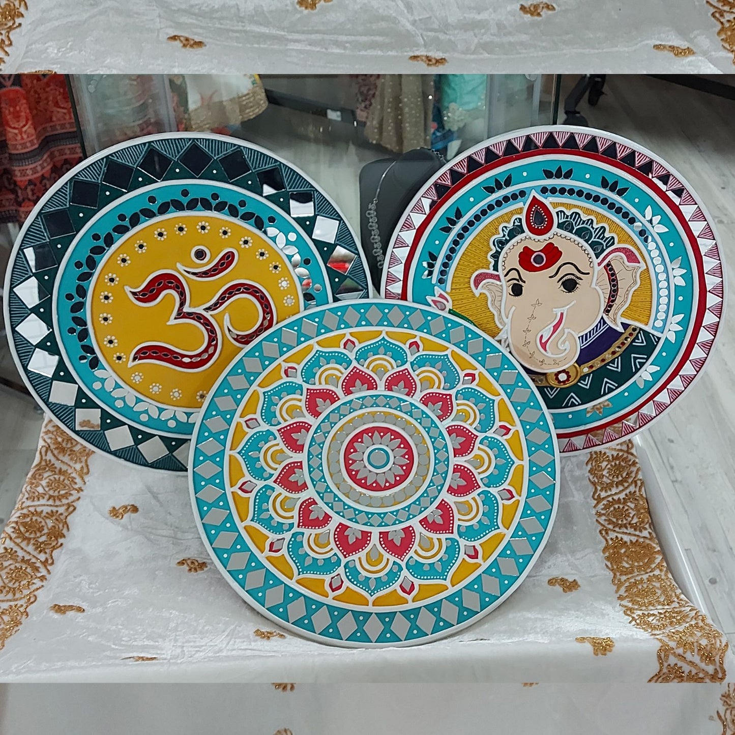 Set of 3 - Om, Mandala and Ganesha Lippan Art Wall Plate