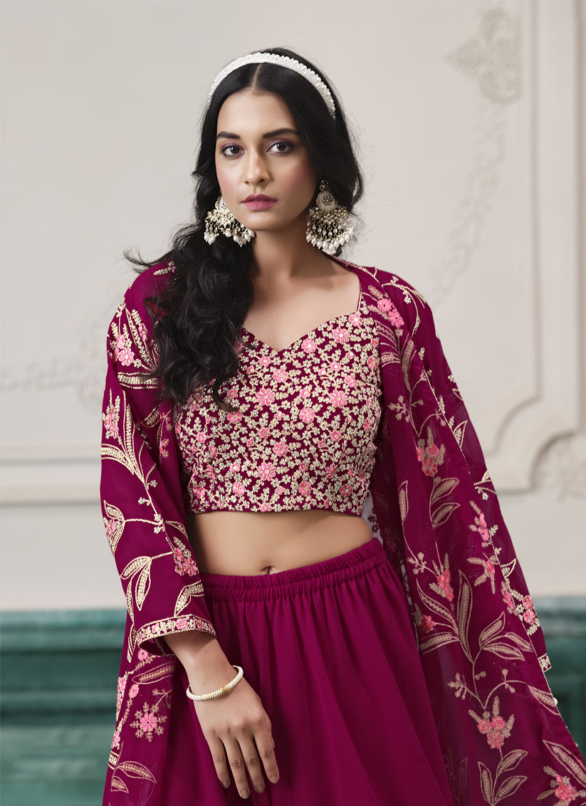 Magenta Faux Georgette Embroidered Readymade IndoWestern