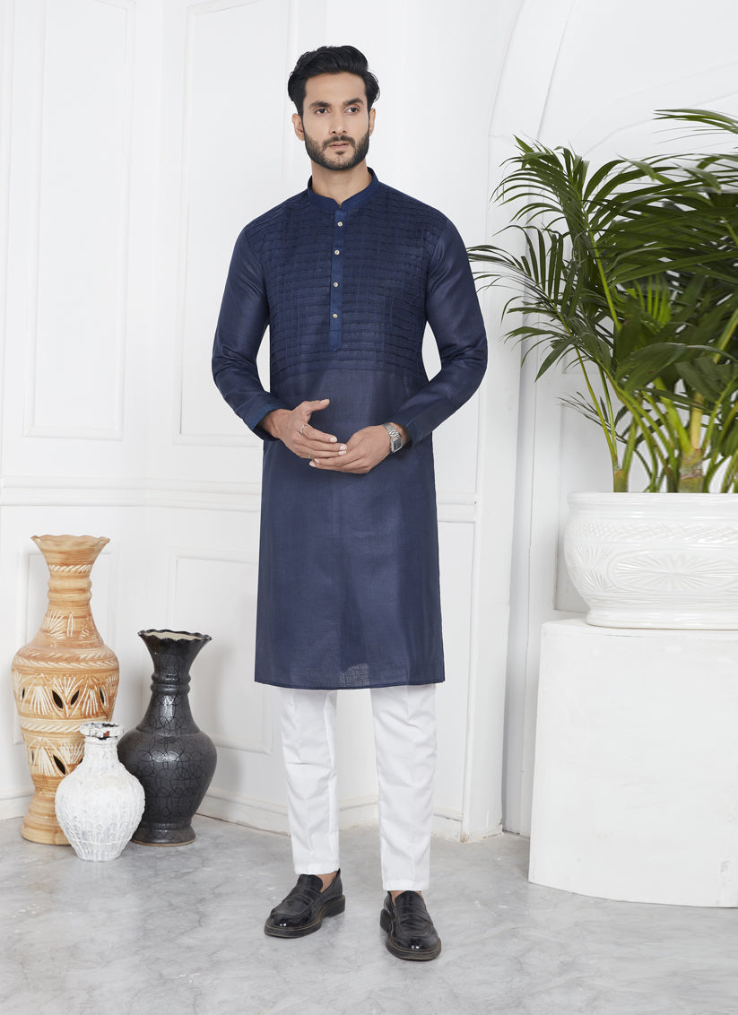 Navy Blue Cotton Kurta Pyajama Set