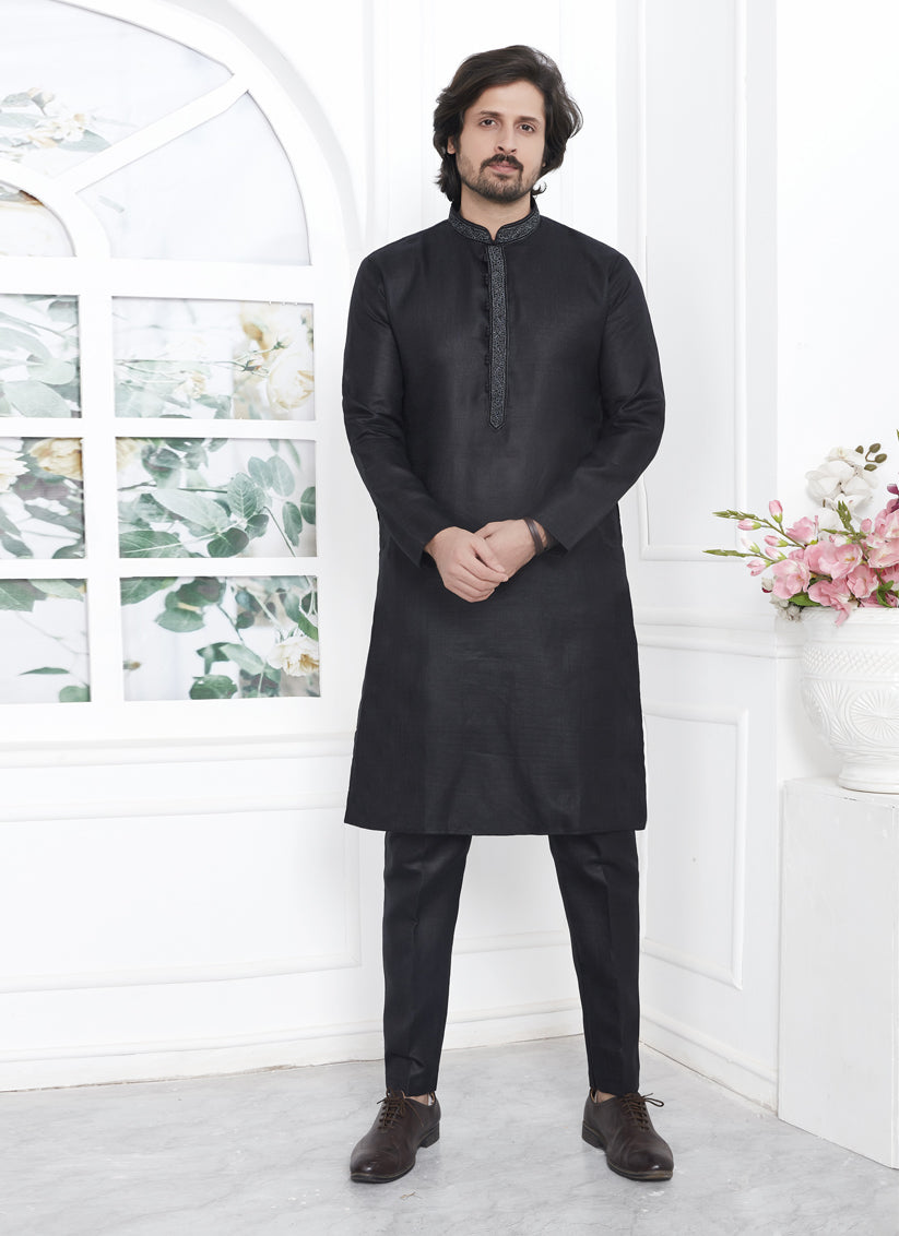 Black Cotton Men's Kurta Pyajama Set