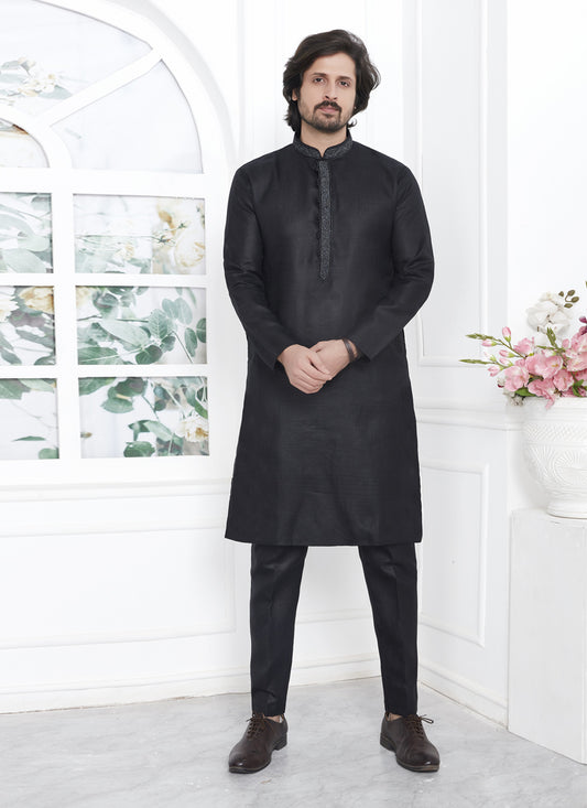 Black Cotton Men's Kurta Pyajama Set