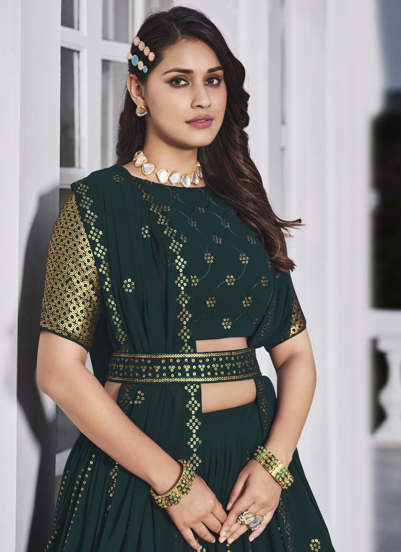Teal Green Georgette Embroidered Designer Lehenga Choli