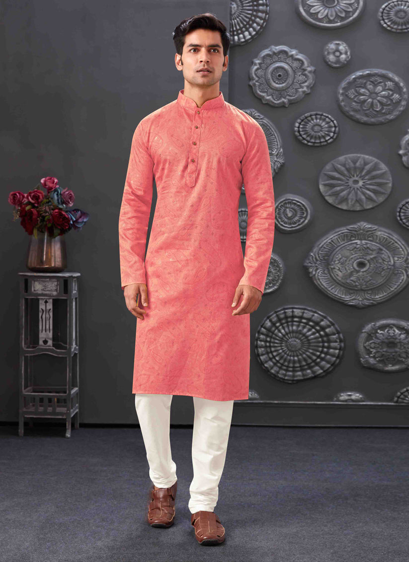 Salmon Pink Polyester Printed Kurta Pajama Set