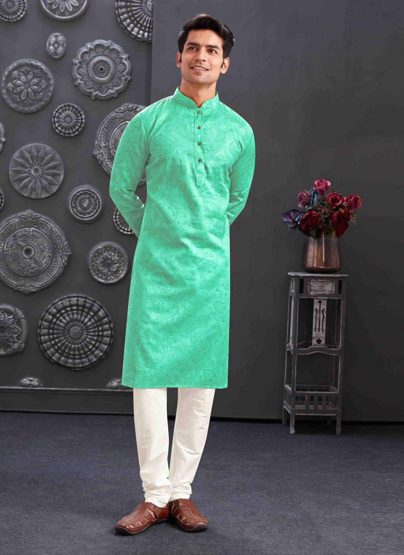 Sea Green Polyester Printed Kurta Pajama Set