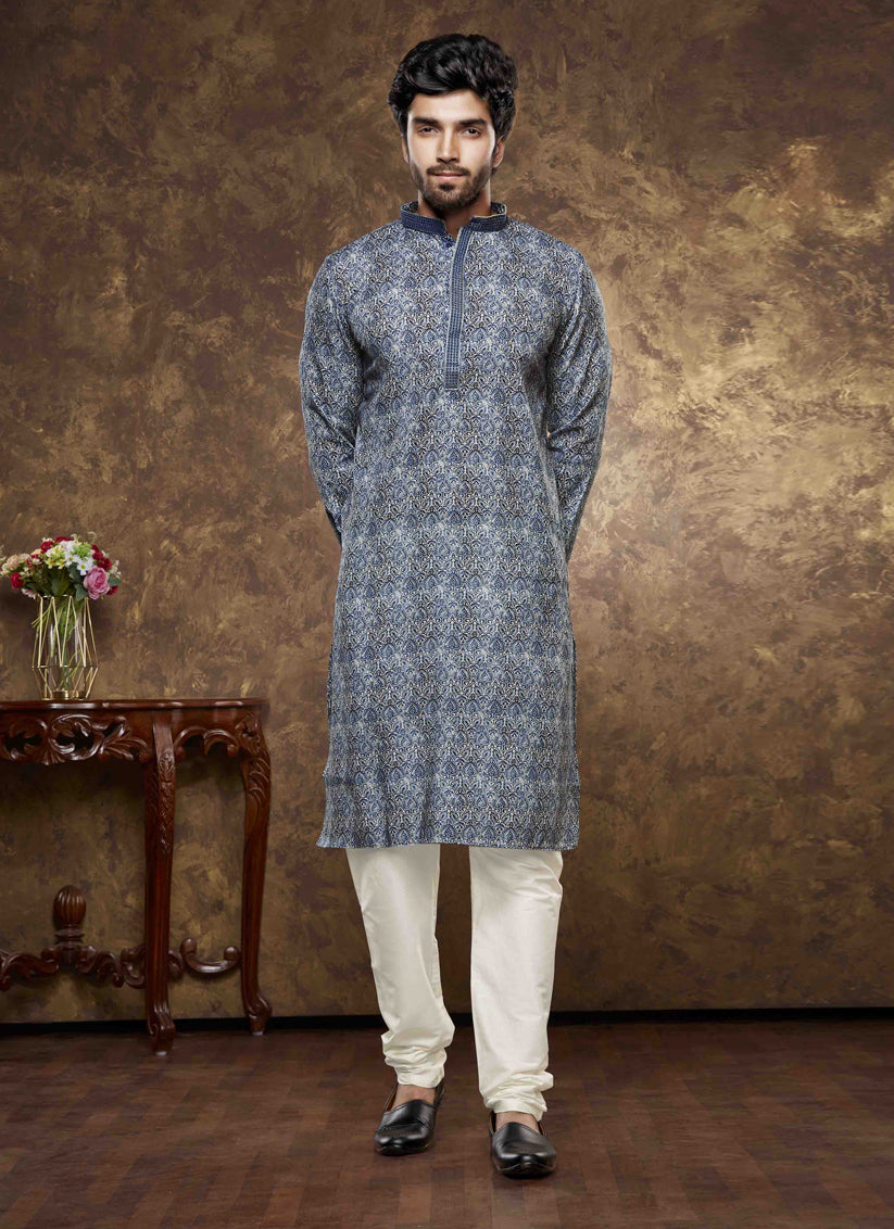 Slate Blue Cotton Printed Kurta Pajama Set