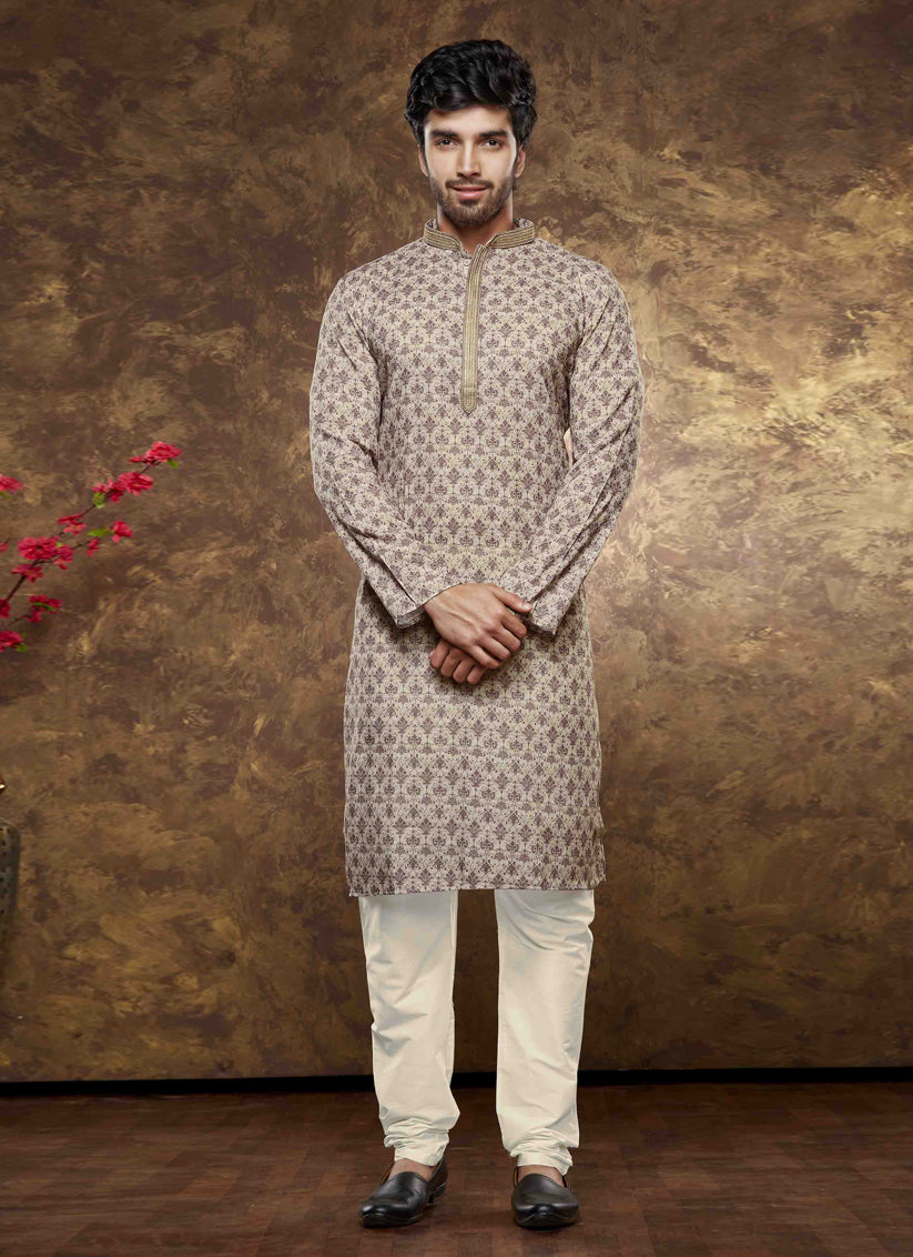 Beige Cotton Printed Kurta Pajama Set