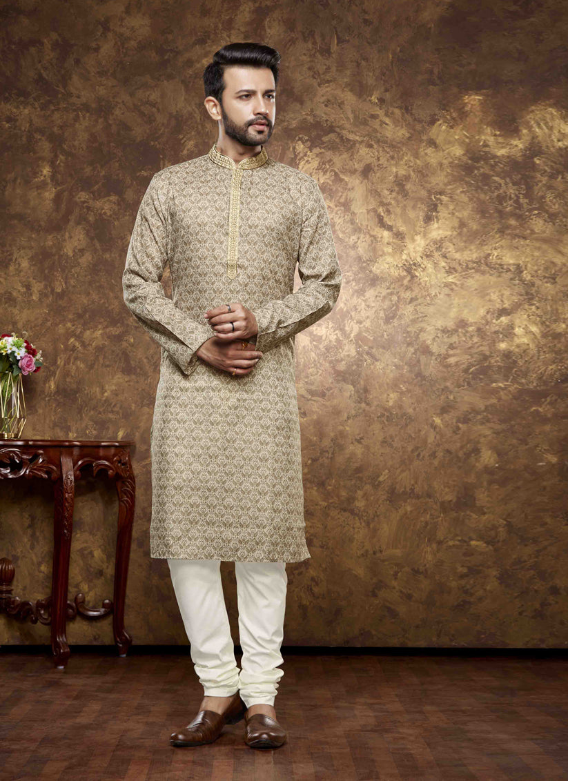 Beige Cotton Printed Kurta Pajama Set