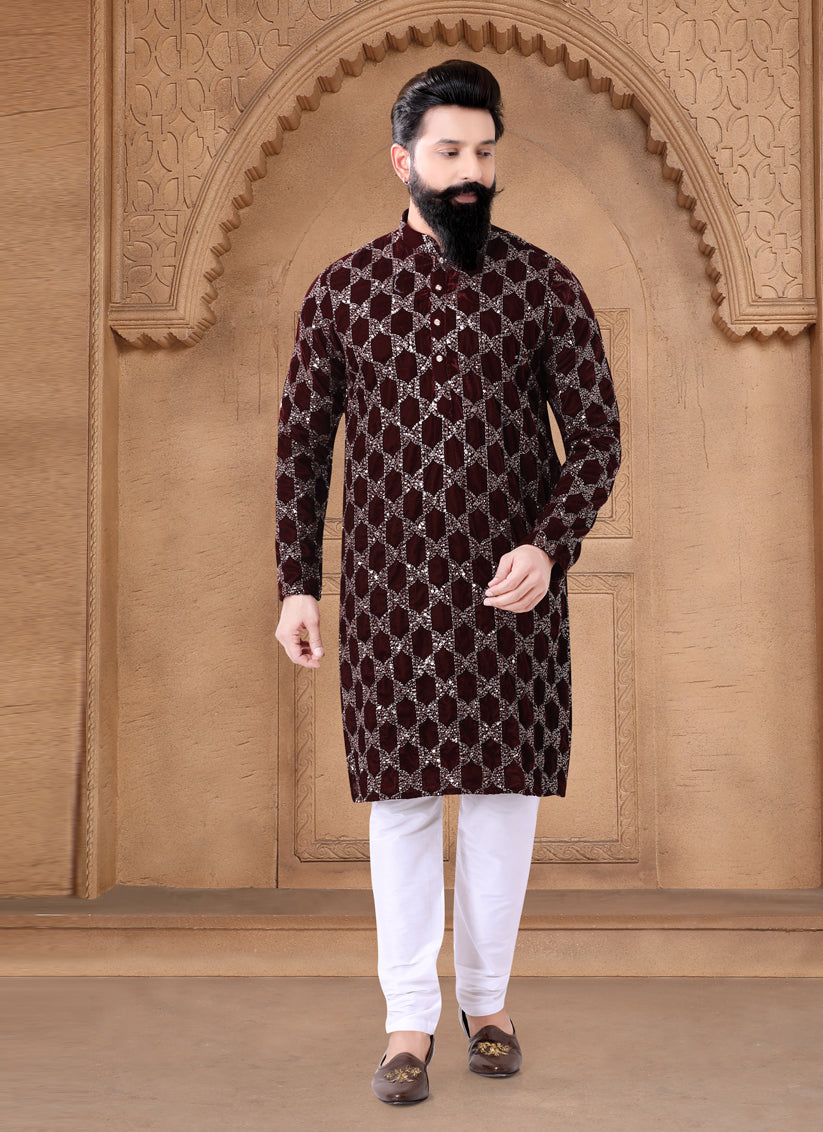 Maroon Velvet Mens Kurta Pajama Set