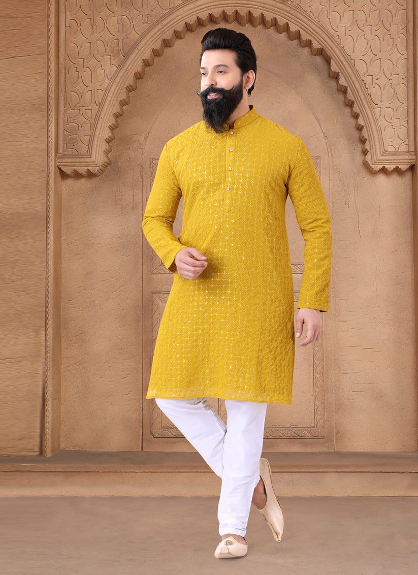 Mustard Yellow Georgette Mens Kurta Pajama Set