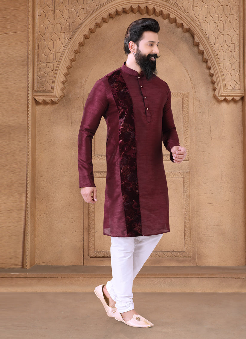 Maroon Silk Mens Kurta Pajama Set