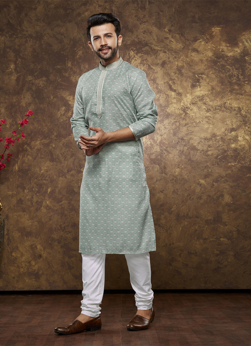 Teal Mint Cotton Printed Kurta Pajama Set