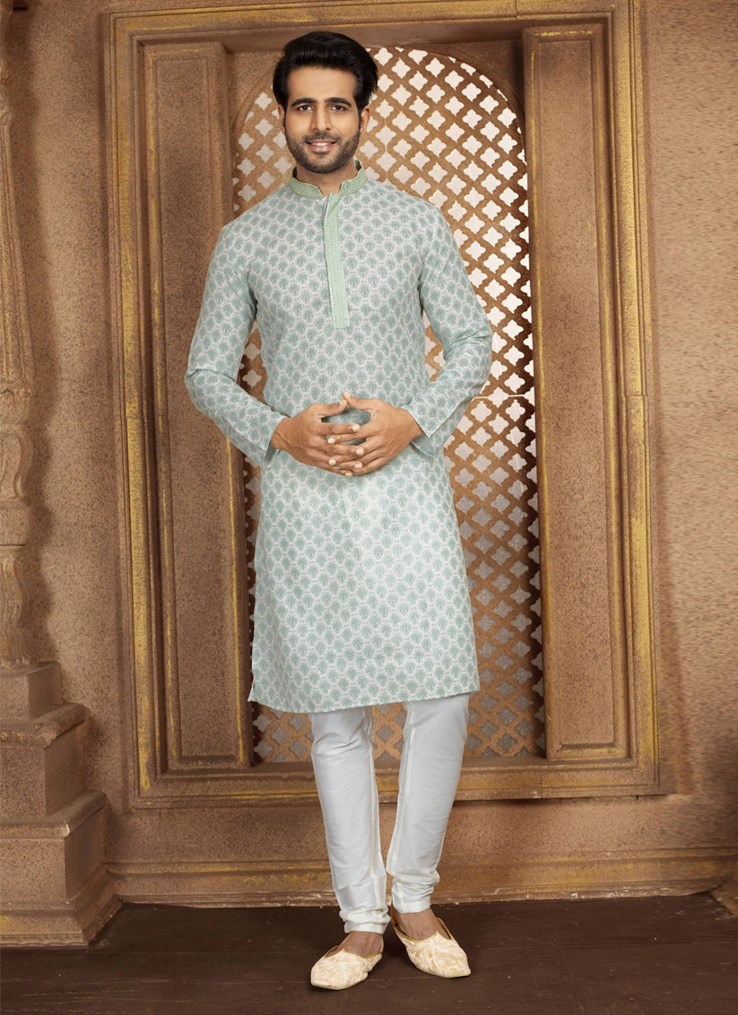 Teal Mint Cotton Printed Kurta Pajama Set