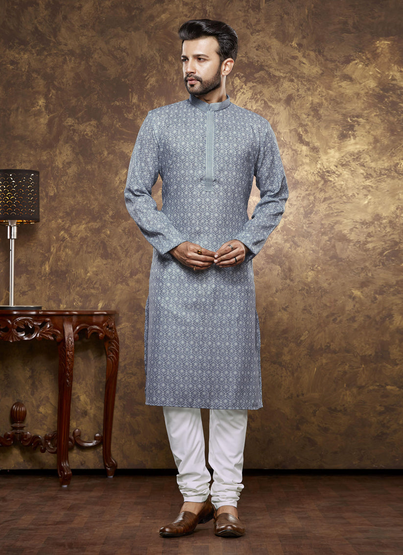 Smoke Grey Cotton Printed Kurta Pajama Set